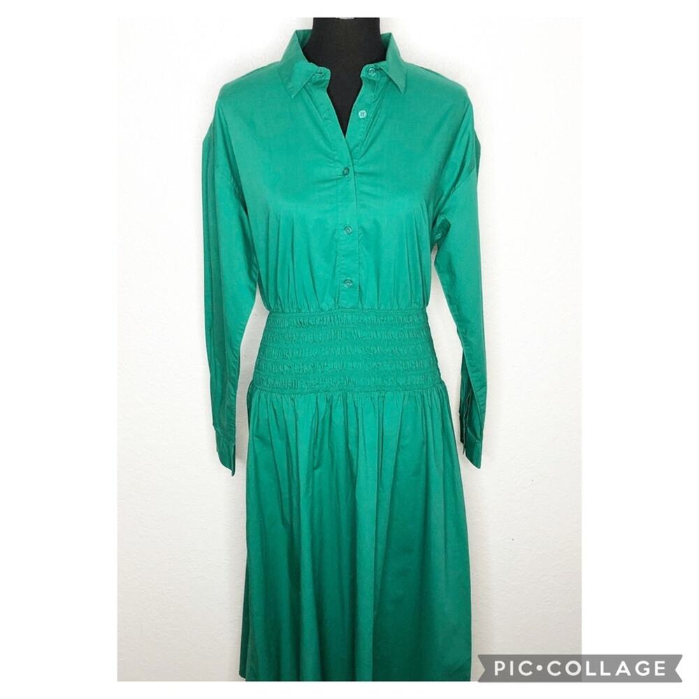 Ann Taylor green smocked waist button down midi shirt dress size 6